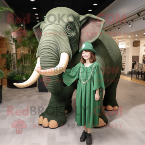 Forest Green Mammoth mascot costume character dressed with a Wrap Dress and Berets