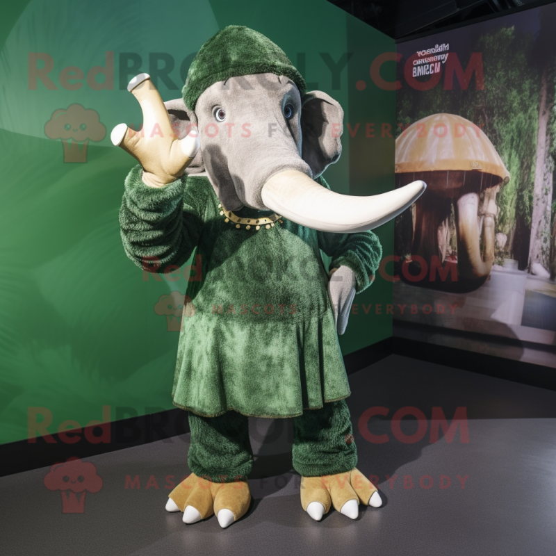 Forest Green Mammoth mascot costume character dressed with a Wrap Dress and Berets Forest Green Mammoth mascot costume character dressed with a Wrap Dress and Berets