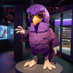 Purple Eagle mascot costume character dressed with a T-Shirt and Eyeglasses