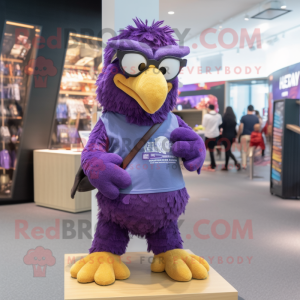 Purple Eagle mascot costume character dressed with a T-Shirt and Eyeglasses