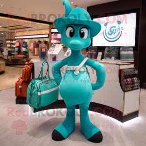 Teal Horseshoe mascot costume character dressed with a One-Piece Swimsuit and Handbags