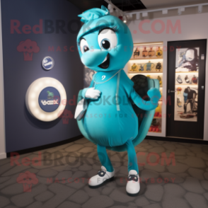 Teal Horseshoe mascot costume character dressed with a One-Piece Swimsuit and Handbags
