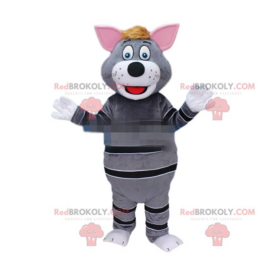 Mascotte gatto grigio, costume gatto grigio e nero -