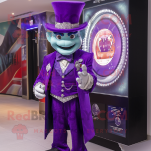 Purple Magician mascot costume character dressed with a Waistcoat and Bracelet watches