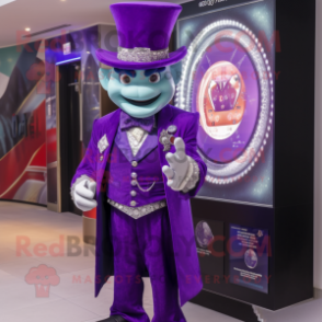 Purple Magician mascot costume character dressed with a Waistcoat and Bracelet watches