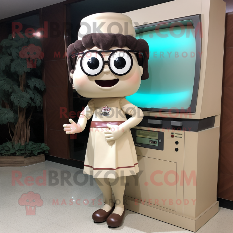 Cream Television mascot costume character dressed with a Mini Skirt and Reading glasses