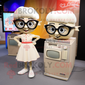 Cream Television mascot costume character dressed with a Mini Skirt and Reading glasses