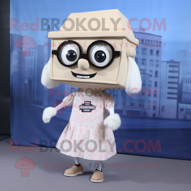 Cream Television mascot costume character dressed with a Mini Skirt and Reading glasses