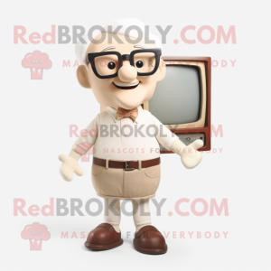 Cream Television mascot costume character dressed with a Mini Skirt and Reading glasses