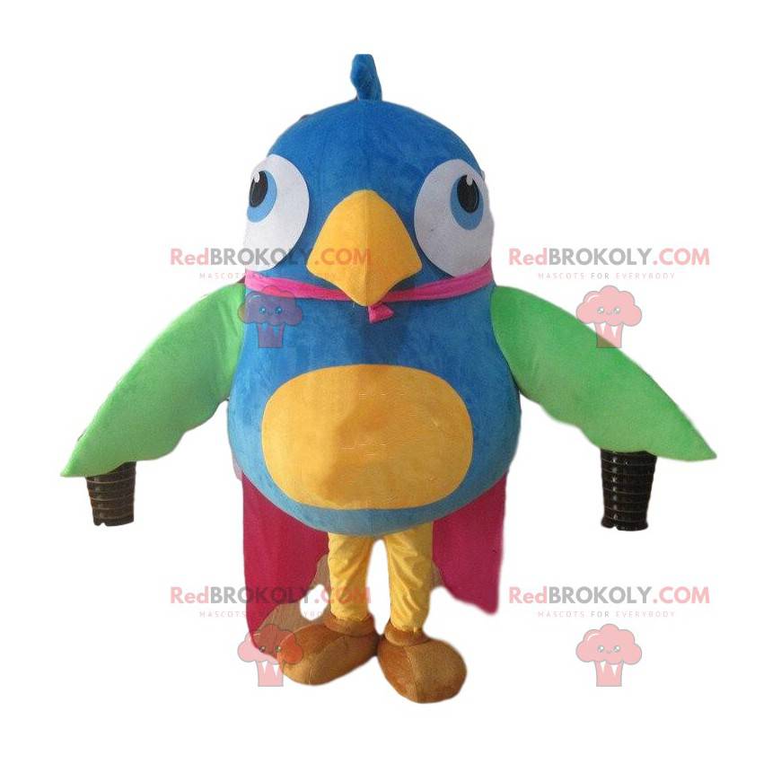 Mascotte de gros oiseau coloré, costume d'oiseau multicolore -