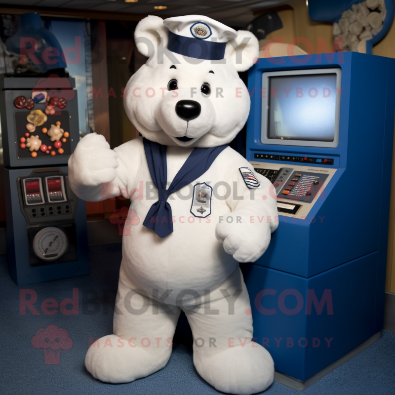 Navy Television mascot costume character dressed with a Button-Up Shirt and Brooches Navy Television mascot costume character dressed with a Button-Up Shirt and Brooches