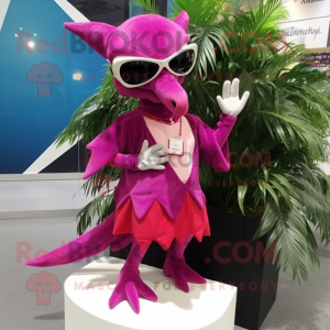 Magenta Pterodactyl mascot costume character dressed with a Mini Skirt and Sunglasses