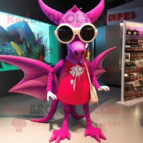 Magenta Pterodactyl mascot costume character dressed with a Mini Skirt and Sunglasses