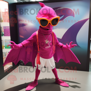 Magenta Pterodactyl mascot costume character dressed with a Mini Skirt and Sunglasses