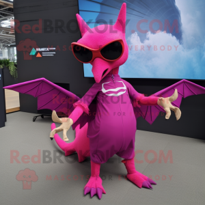 Magenta Pterodactyl mascot costume character dressed with a Mini Skirt and Sunglasses