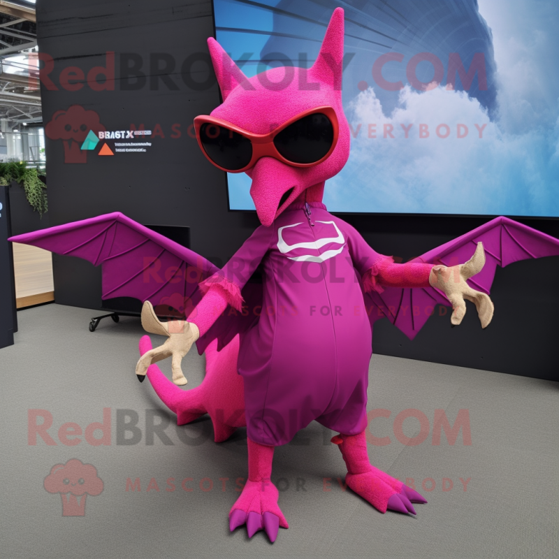 Magenta Pterodactyl mascot costume character dressed with a Mini Skirt and Sunglasses