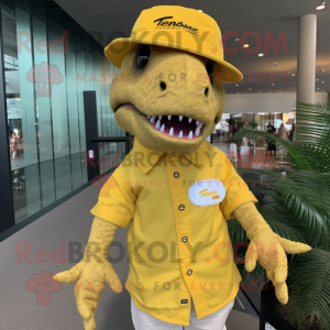 Yellow T Rex mascot costume character dressed with a Chinos and Hat pins