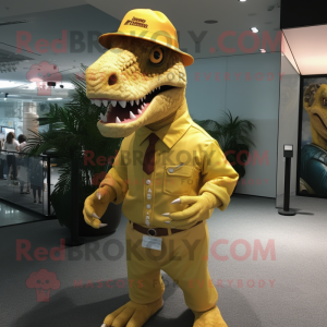 Yellow T Rex mascot costume character dressed with a Chinos and Hat pins