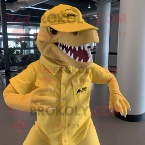 Yellow T Rex mascot costume character dressed with a Chinos and Hat pins