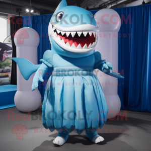 Sky Blue Megalodon mascot costume character dressed with a Pleated Skirt and Foot pads