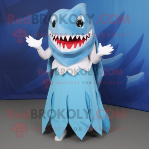 Sky Blue Megalodon mascot costume character dressed with a Pleated Skirt and Foot pads