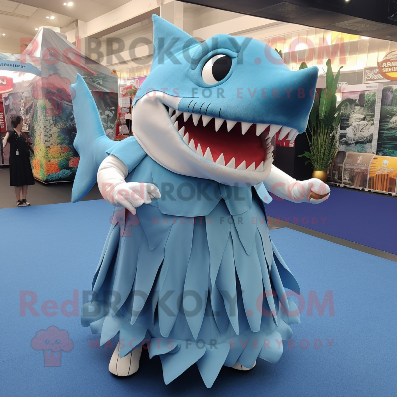 Sky Blue Megalodon mascot costume character dressed with a Pleated Skirt and Foot pads