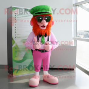 Pink Leprechaun mascot costume character dressed with a Vest and Sunglasses