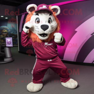 Magenta Saber-Toothed Tiger mascot costume character dressed with a Polo Shirt and Beanies