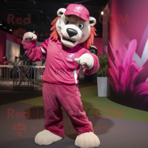 Magenta Saber-Toothed Tiger mascot costume character dressed with a Polo Shirt and Beanies