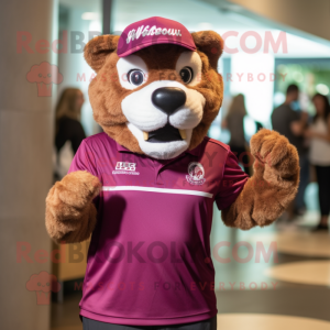 Magenta Saber-Toothed Tiger mascot costume character dressed with a Polo Shirt and Beanies