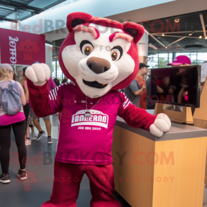 Magenta Saber-Toothed Tiger mascot costume character dressed with a Polo Shirt and Beanies