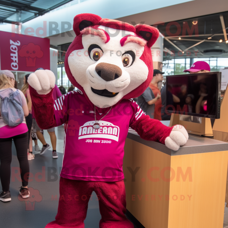 Magenta Saber-Toothed Tiger mascot costume character dressed with a Polo Shirt and Beanies