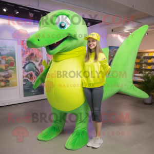 Lime Green Dolphin mascot costume character dressed with a Romper and Hair clips