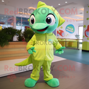 Lime Green Dolphin mascot costume character dressed with a Romper and Hair clips
