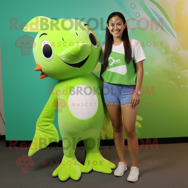 Lime Green Dolphin mascot costume character dressed with a Romper and Hair clips