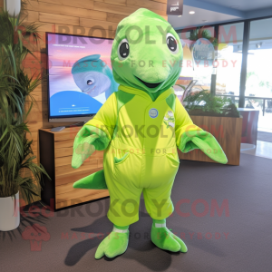 Lime Green Dolphin mascot costume character dressed with a Romper and Hair clips