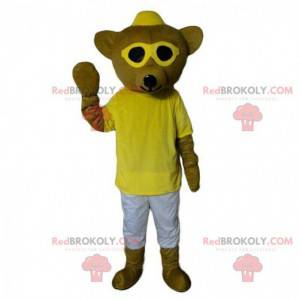 Mascotte de nounours avec des lunettes, costume ours jaune -
