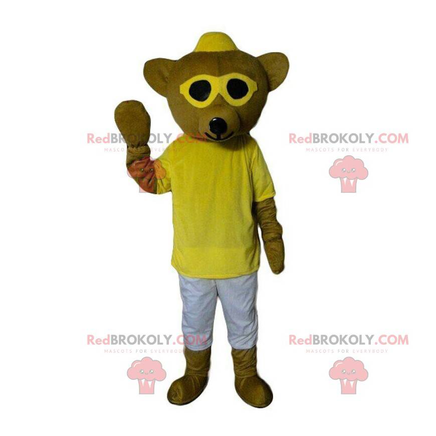 Mascotte de nounours avec des lunettes, costume ours jaune -