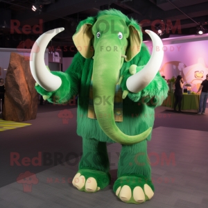 Green Mammoth mascot costume character dressed with a Flare Jeans and Gloves
