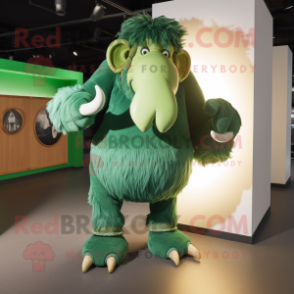 Green Mammoth mascot costume character dressed with a Flare Jeans and Gloves