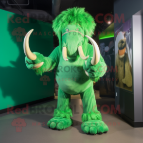 Green Mammoth mascot costume character dressed with a Flare Jeans and Gloves