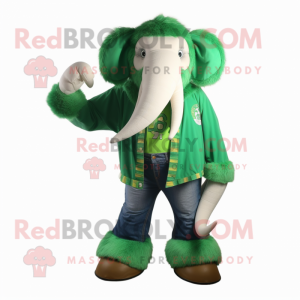 Green Mammoth mascot costume character dressed with a Flare Jeans and Gloves