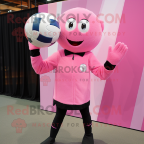 Pink Volleyball Ball mascot costume character dressed with a Long Sleeve Tee and Mittens