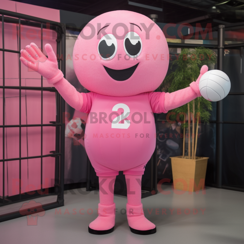 Pink Volleyball Ball mascot costume character dressed with a Long Sleeve Tee and Mittens