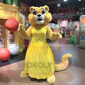 Lemon Yellow Mountain Lion mascot costume character dressed with a Ball Gown and Suspenders