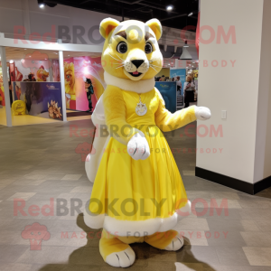 Lemon Yellow Mountain Lion mascot costume character dressed with a Ball Gown and Suspenders