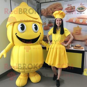 Lemon Yellow Bbq Ribs mascot costume character dressed with a Mini Dress and Berets