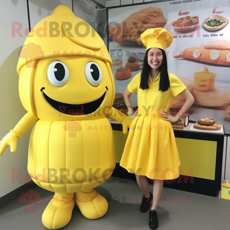 Lemon Yellow Bbq Ribs mascot costume character dressed with a Mini Dress and Berets Lemon Yellow Bbq Ribs mascot costume character dressed with a Mini Dress and Berets