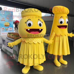 Lemon Yellow Bbq Ribs mascot costume character dressed with a Mini Dress and Berets