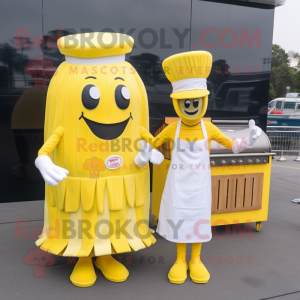 Lemon Yellow Bbq Ribs mascot costume character dressed with a Mini Dress and Berets